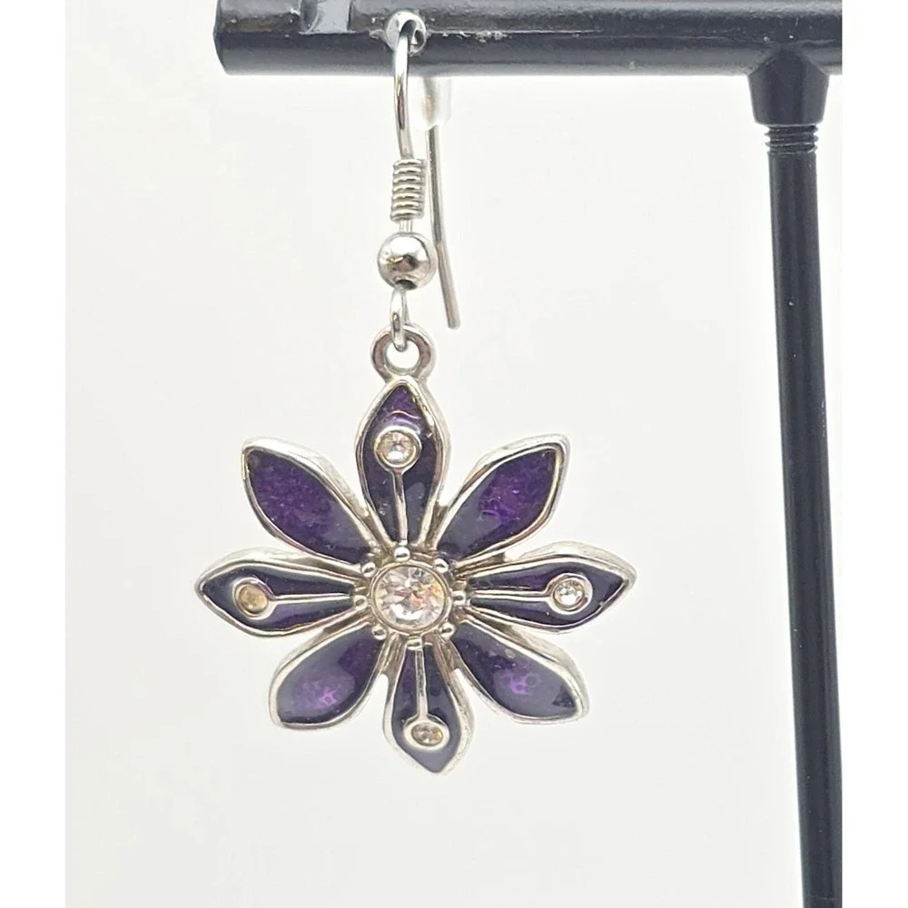 Signed C Earrings Purple Enamel Flower Clear Crystal Accents Dangle Silver‎ Tone